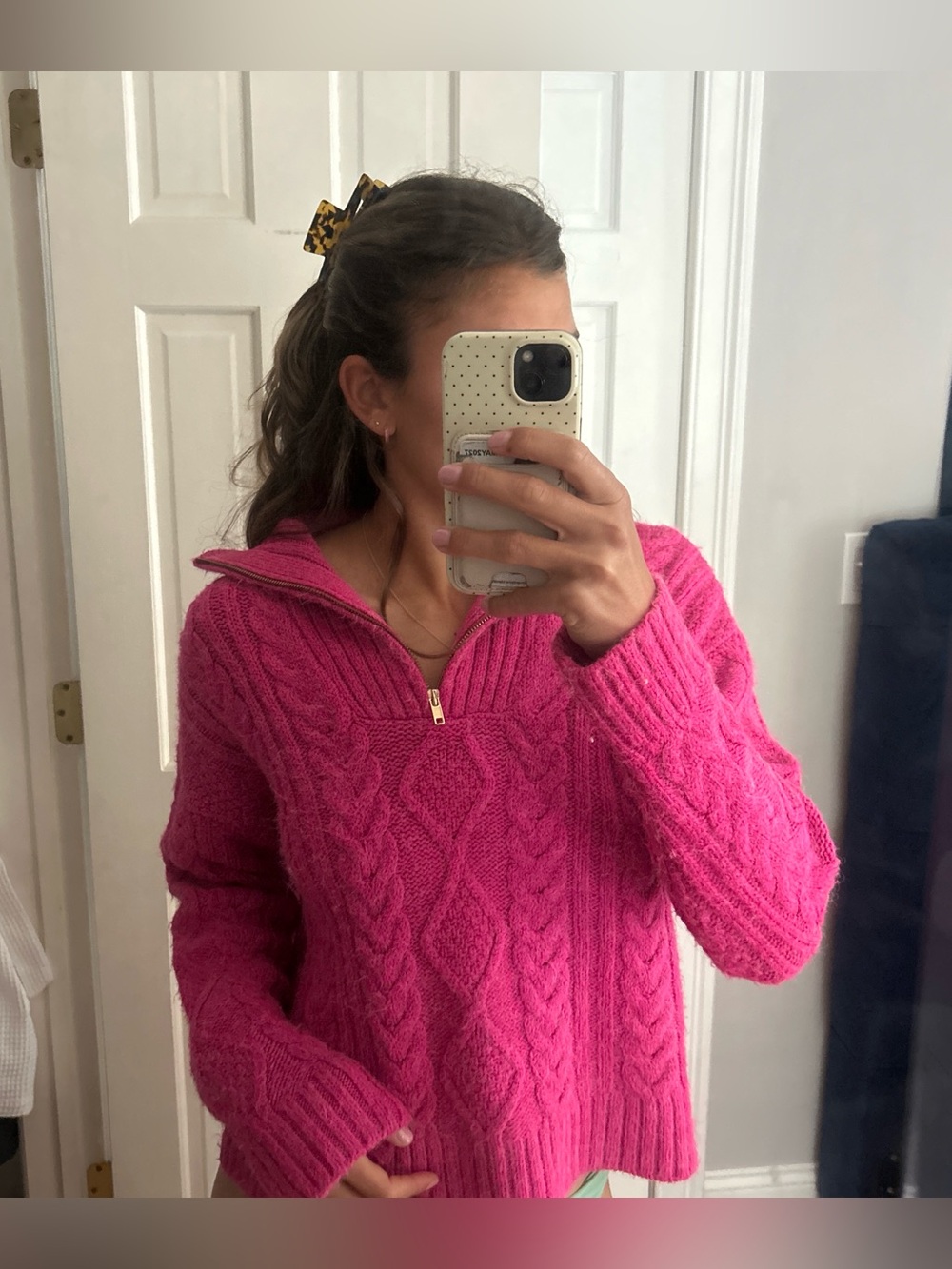 Anthropologie Hot Pink Cable-Knit Half-Zip Pullover